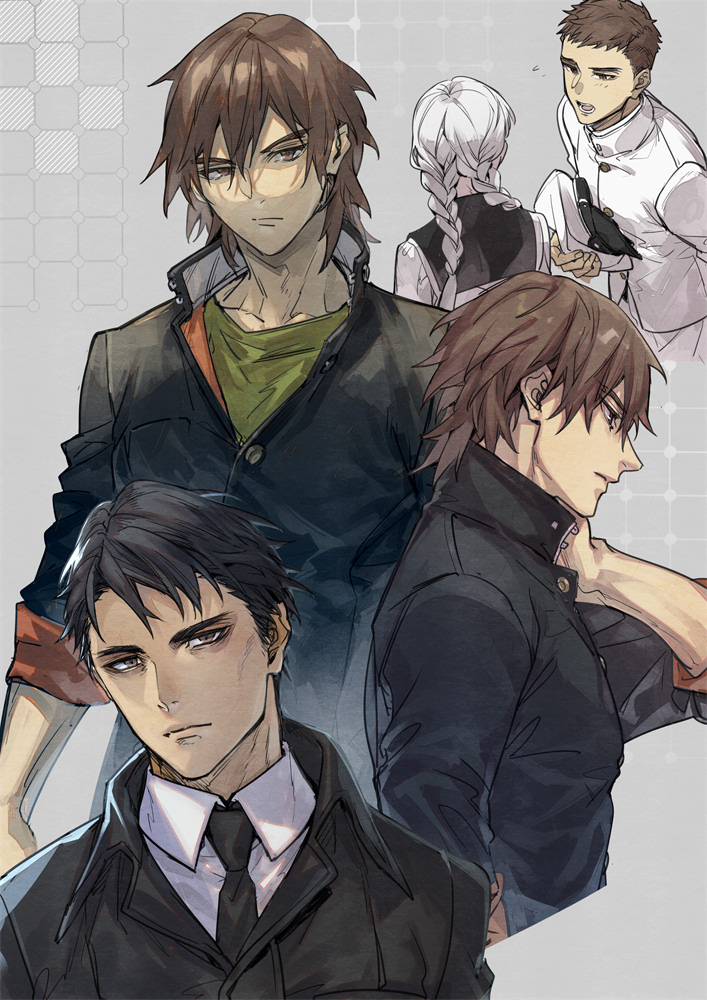 black_hair, black_jacket, black_necktie, braid, brown_eyes, brown_hair, collarbone, from_side
