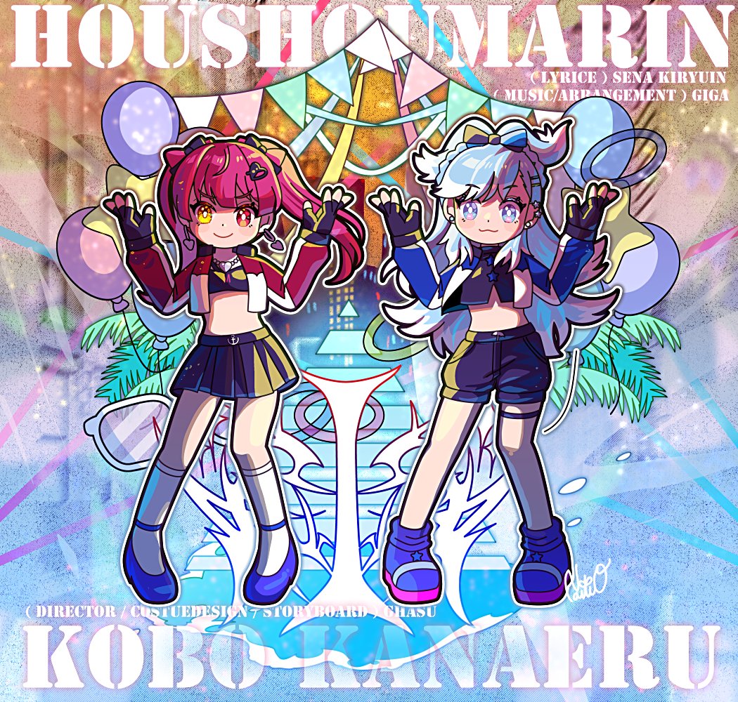 balloon, black_shirt, black_shorts, black_skirt, blue_eyes, blue_hair, blue_jacket, character_name, chibi, colored_tips, crop_top, cropped_jacket, dancing, heterochromia, hololive, hololive_indonesia, houshou_marine, iii_(hololive), jacket, kobo_kanaeru, long_hair, miniskirt, multicolored_clothes, multicolored_hair, multicolored_jacket, natsuno_riku, pleated_skirt, red_eyes, red_jacket, redhead, shirt, shorts, signature, skirt, twintails, two-tone_jacket, virtual_youtuber, white_hair, white_jacket, yellow_eyes