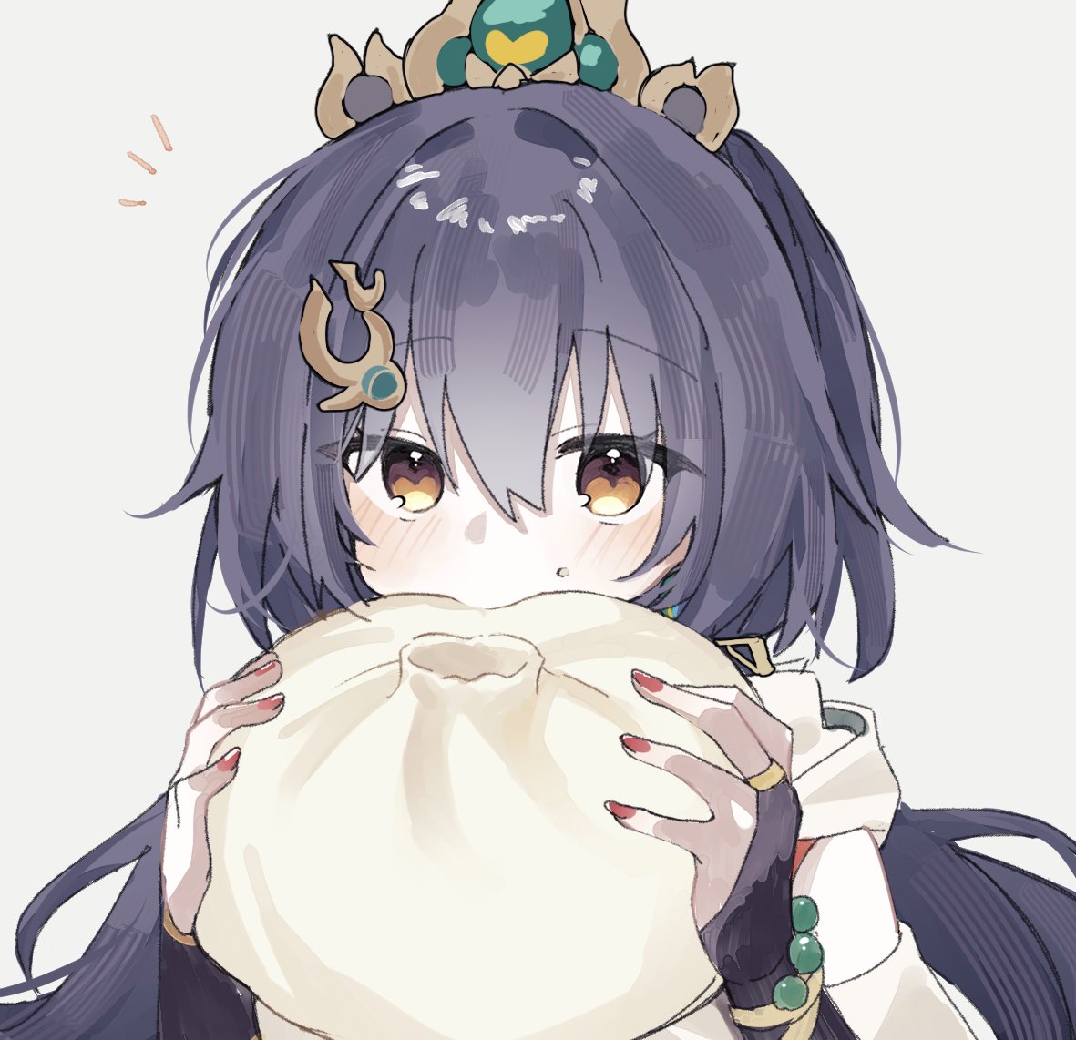1girl, black_hair, bridal_gauntlets, brown_eyes, eating, food, holding, holding_food