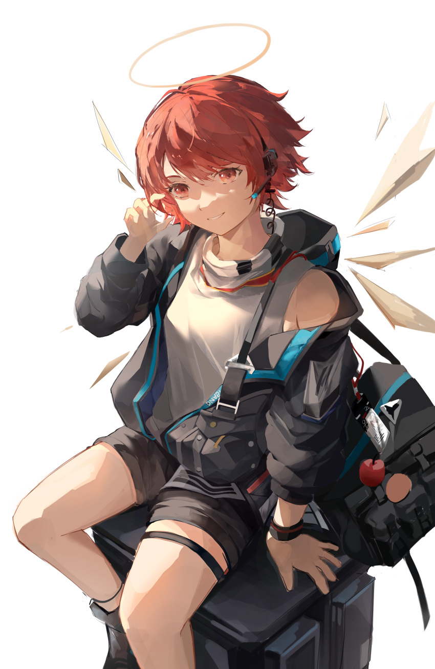 1girl, absurdres, arknights, bag, bare_shoulders, black_jacket, black_shorts, clothes_writing