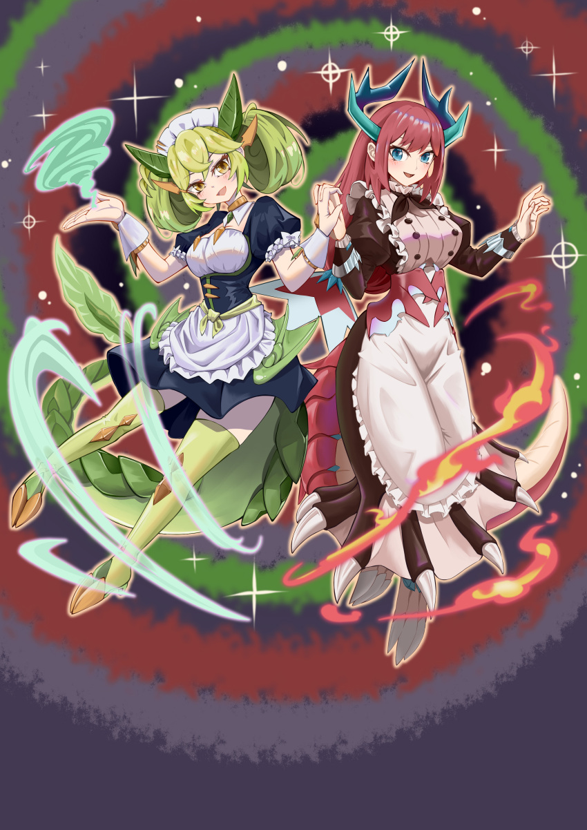 2girls, absurdres, apron, black_dress, blue_eyes, breasts, brown_dress, dragon_girl, dragon_horns, dress, duel_monster, full_body, green_hair, highres, holding_hands, horns, kitchen_dragonmaid, large_breasts, maid_apron, maid_headdress, multiple_girls, parlor_dragonmaid, redhead, reset_no_yunai, smile, standing, twintails, yellow_eyes, yu-gi-oh!