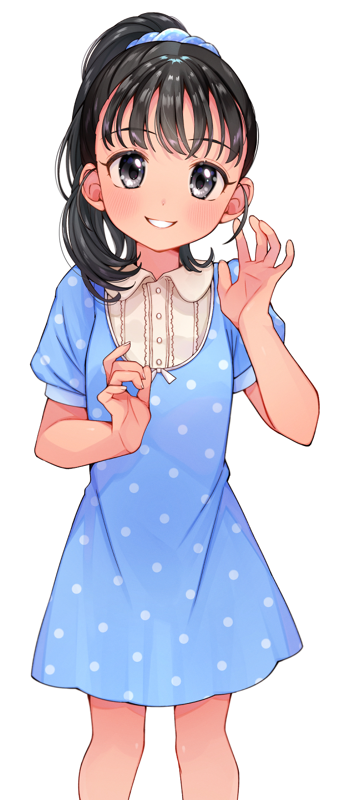 31reyo, black_eyes, black_hair, blue_dress, blue_scrunchie, blush, buttons, commentary