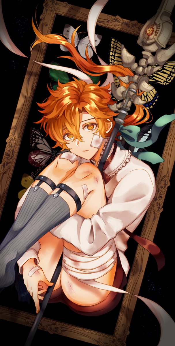 1boy, aged_down, arm_around_leg, bandage_on_knee, bandage_on_leg, bandaged_leg, bandages, black_shorts