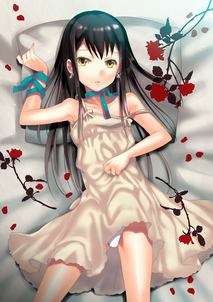 bad_id, bed, black_hair, cross, dress, earrings, flat_chest, flower