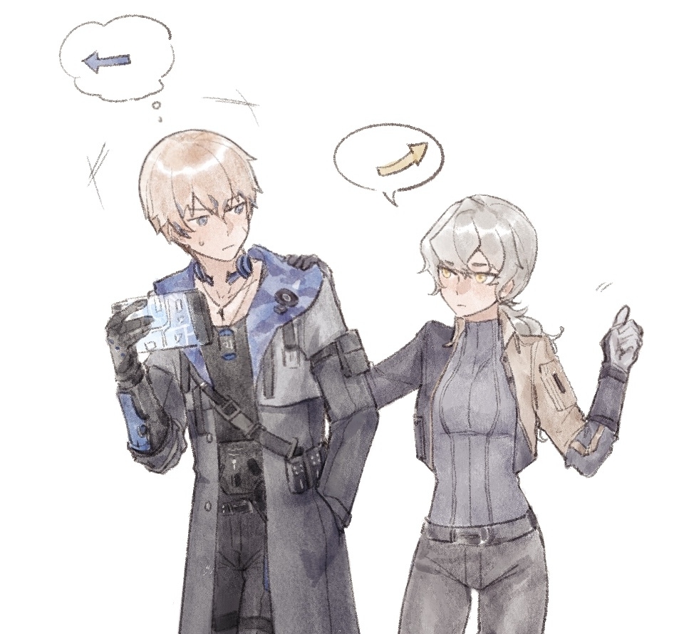 1boy, 1girl, blonde_hair, blue_eyes, coat, commandant_(punishing:_gray_raven), dog_tags, grey_hair