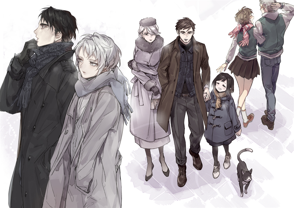black_cat, black_coat, black_gloves, black_hair, black_scarf, blue_coat, breath, brown_coat