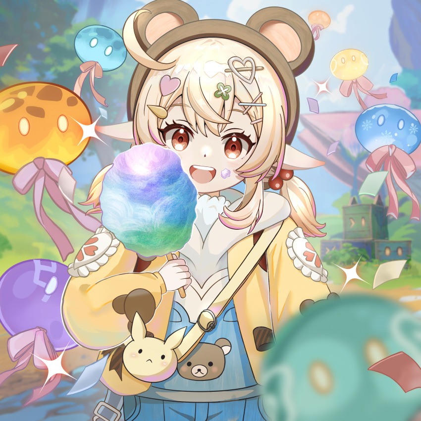 1girl, absurdres, ahoge, animal_ears, animal_print, bag, bear_print, blonde_hair