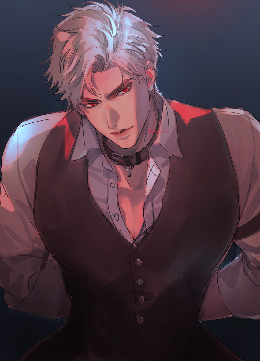 1boy, arms_behind_back, black_vest, bustersiri, collar, grey_ahir, grey_hair, highres