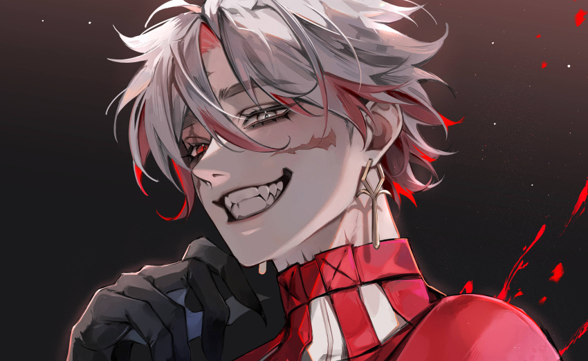 1boy, bags_under_eyes, black_gloves, burn_scar, commentary, cross, cross_earrings, dave_agatha, earrings, gloves, grin, hair_between_eyes, hand_up, heterochromia, highres, jacket, jewelry, looking_at_viewer, male_focus, multicolored_hair, parted_bangs, portrait, red_eyes, red_jacket, redhead, scar, scar_(wuthering_waves), scar_across_eye, scar_on_face, sharp_teeth, short_hair, smile, solo, streaked_hair, tacet_mark_(wuthering_waves), teeth, white_eyes, white_hair, wuthering_waves
