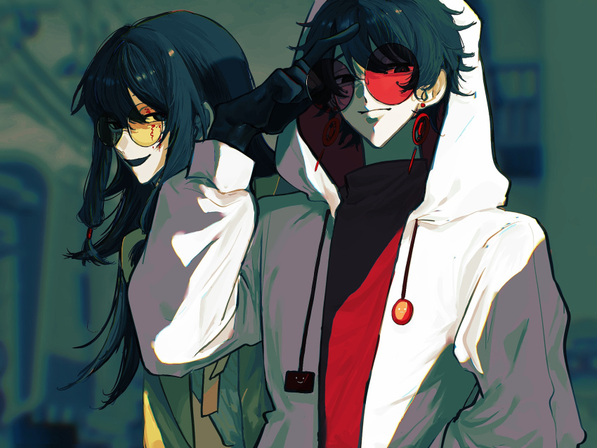 2boys, 5583978473, adjusting_eyewear, black_eyes, black_gloves, black_hair, chinese_commentary, closed_mouth, commentary_request, earrings, facial_tattoo, film_grain, gloves, highres, hood, hood_up, hooded_jacket, jacket, jewelry, li_yuting_(male), long_hair, long_sleeves, male_focus, mole, mole_under_each_eye, mole_under_eye, multiple_boys, multiple_moles, open_clothes, open_jacket, open_mouth, pale_skin, red-tinted_eyewear, red_sweater, round_eyewear, shirt, short_hair, smile, sweater, tattoo, tinted_eyewear, touqi_guaitan, turtleneck, turtleneck_sweater, upper_body, white_jacket, white_shirt, yellow-tinted_eyewear, yellow_jacket, ziche_fuzhao