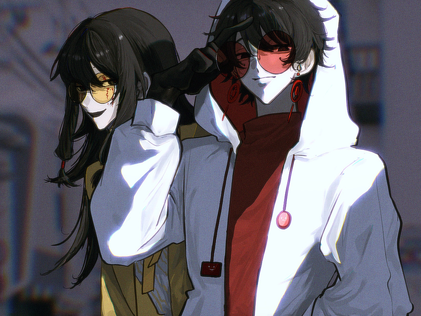2boys, 5583978473, adjusting_eyewear, black_eyes, black_gloves, black_hair, chinese_commentary, closed_mouth, commentary_request, earrings, facial_tattoo, film_grain, gloves, highres, hood, hood_up, hooded_jacket, jacket, jewelry, li_yuting_(male), long_hair, long_sleeves, male_focus, mole, mole_under_each_eye, mole_under_eye, multiple_boys, multiple_moles, open_clothes, open_jacket, open_mouth, pale_skin, red-tinted_eyewear, red_sweater, round_eyewear, shirt, short_hair, smile, sweater, tattoo, tinted_eyewear, touqi_guaitan, turtleneck, turtleneck_sweater, upper_body, white_jacket, white_shirt, yellow-tinted_eyewear, yellow_jacket, ziche_fuzhao