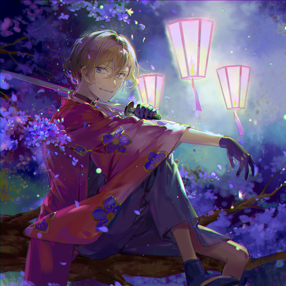 1boy, black_gloves, blonde_hair, cherry_blossoms, floral_print_kimono, flower, gloves, grinding