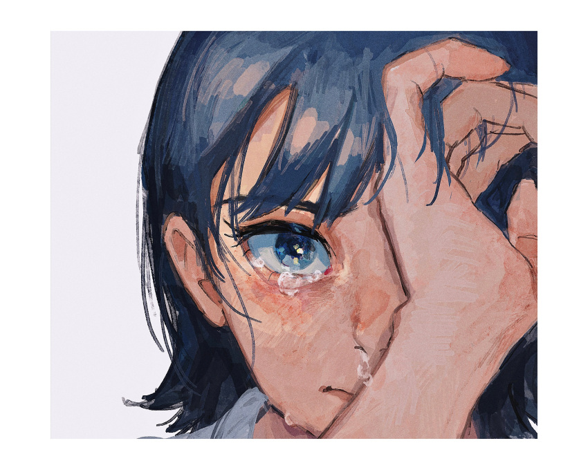 1girl, absurdres, arima_haruka, arm_up, blue_eyes, blue_hair, border, close-up