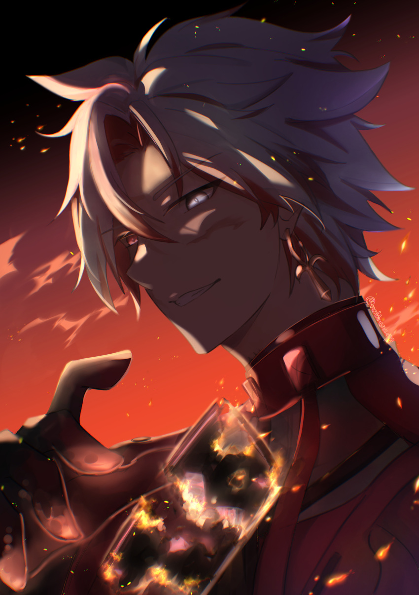 1boy, absurdres, artist_name, black_gloves, burning, card, colored_inner_hair, commentary, cross, cross_earrings, curtained_hair, earrings, fire, gloves, grin, heterochromia, highres, jacket, jewelry, looking_at_viewer, male_focus, multicolored_hair, notteacups, parted_bangs, portrait, red_eyes, red_jacket, redhead, scar_(wuthering_waves), short_hair, smile, solo, white_eyes, white_hair, wuthering_waves