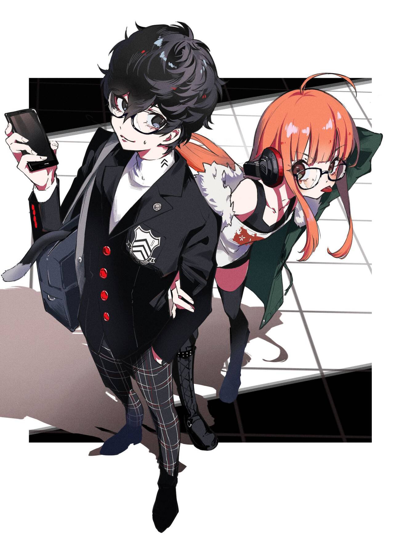 1boy, 1girl, amamiya_ren, bag, black_cat, black_footwear, black_hair, black_pants, cat, cat_tail, full_body, fur-trimmed_jacket, fur_trim, hair_between_eyes, headphones, headset, highres, holding, holding_phone, jacket, long_hair, long_sleeves, looking_at_viewer, minuonuonuo, morgana_(persona_5), open_clothes, open_jacket, orange_hair, pants, persona, persona_5, phone, plaid_clothes, plaid_pants, sakura_futaba, school_bag, shirt, short_hair, sidelocks, tail, tongue, tongue_out, uniform, violet_eyes, white_shirt