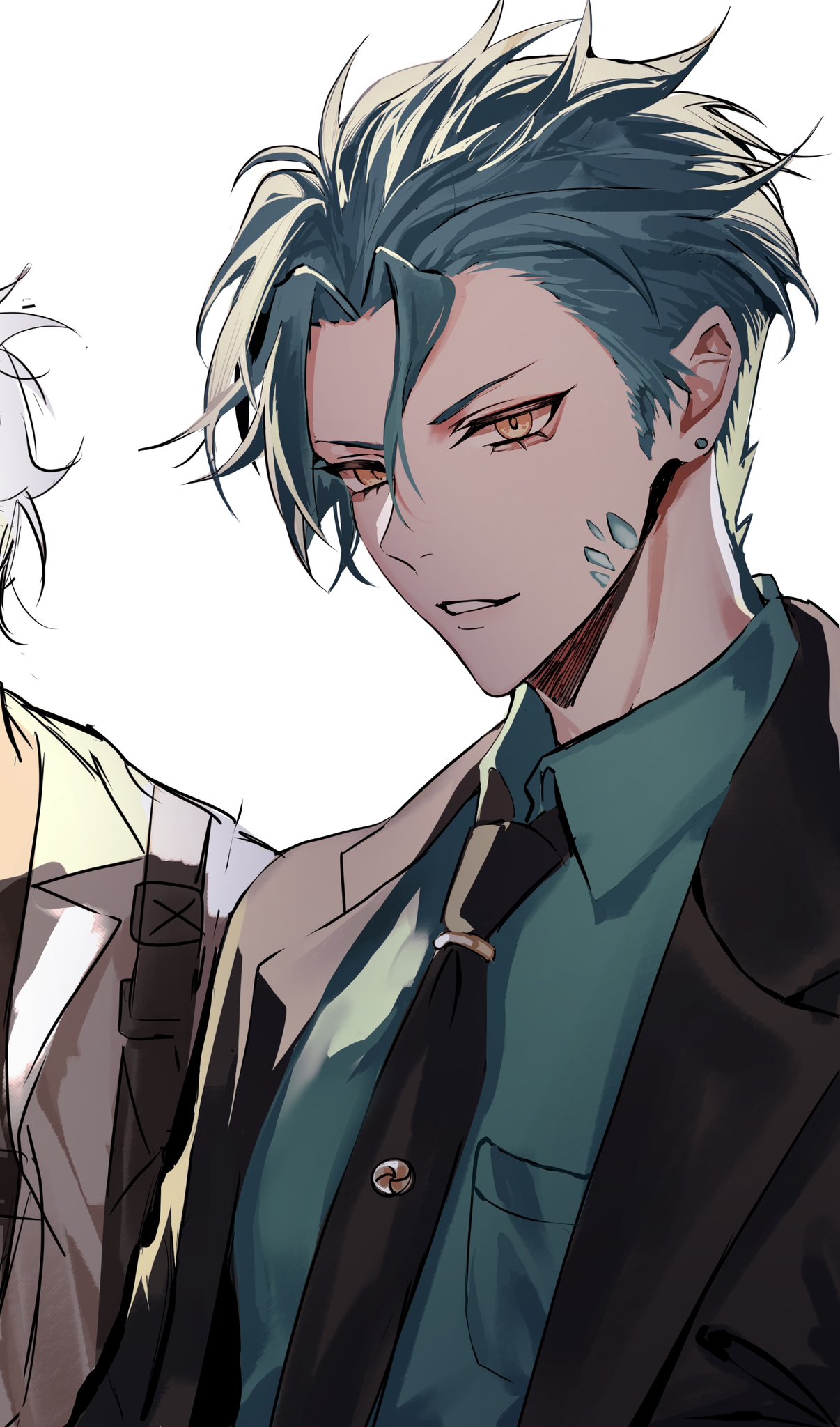 1boy, 1other, alternate_hair_length, alternate_hairstyle, black_jacket, black_necktie, collared_shirt, commentary