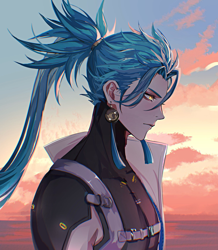1boy, closed_mouth, commentary, dawn, earrings, from_side, glowing, glowing_eyes, green_hair, hadanugi_dousa, hashtag-only_commentary, high_ponytail, highres, jewelry, jiyan_(wuthering_waves), keiishima, long_hair, looking_ahead, male_focus, portrait, profile, solo, toned, toned_male, very_long_hair, wuthering_waves, yellow_eyes