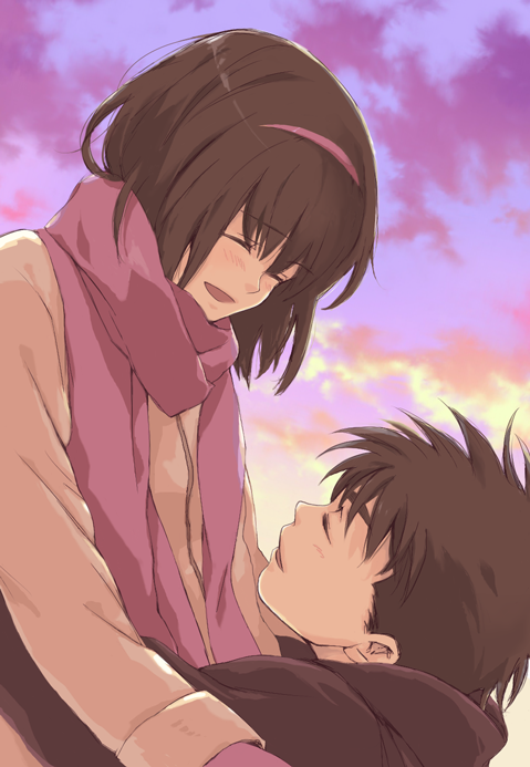 1girl, bad_id, blush, closed_eyes, couple, eyes_closed, haco, hairband, hajime_no_ippo, happy, makunouchi_ippo, mashiba_kumi, scarf, sky, smile