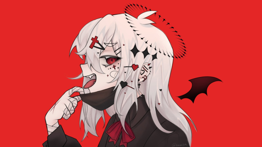 1girl, bandaged_fingers, bandages, black_halo, black_mask, black_shirt, bow, bowtie