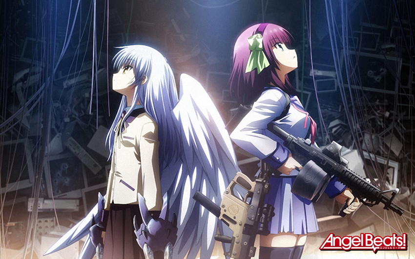 2girls, angel_beats!, angel_wings, assault_rifle, breasts, dual_drum_magazine, gun, highres