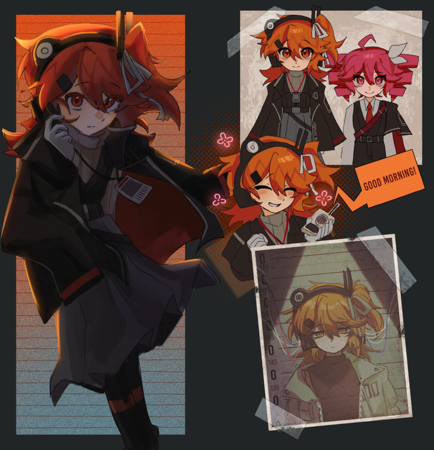 2girls, a.i._voice, adachi_rei, black_cape, black_skirt, black_vest, brown_sweater, cape, closed_mouth, drill_hair, gloves, hair_ribbon, highres, id_card, kasane_teto, limbus_company, long_sleeves, looking_at_viewer, medium_hair, multiple_girls, mute, netsu_ijou_(utau), one_side_up, orange_eyes, orange_hair, parted_lips, pink_eyes, pink_hair, project_moon, ribbon, sinmllk, skirt, smile, sweater, twin_drills, utau, vest, white_gloves, white_ribbon