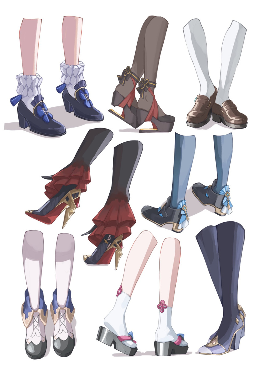1boy, 6+girls, arlecchino_(genshin_impact), barbara_(genshin_impact), black_footwear, black_pantyhose, boots, chiori_(genshin_impact)