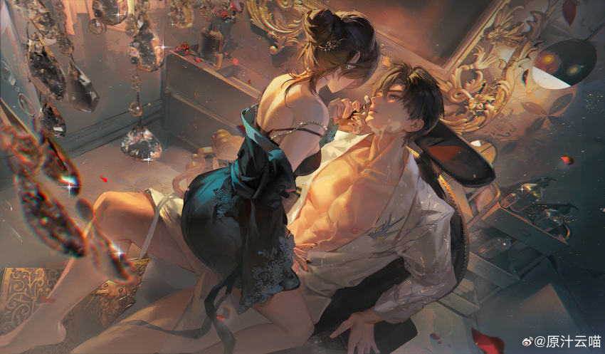 1boy, 1girl, abs, absurdres, barefoot, bathroom, black_nightgown, breasts