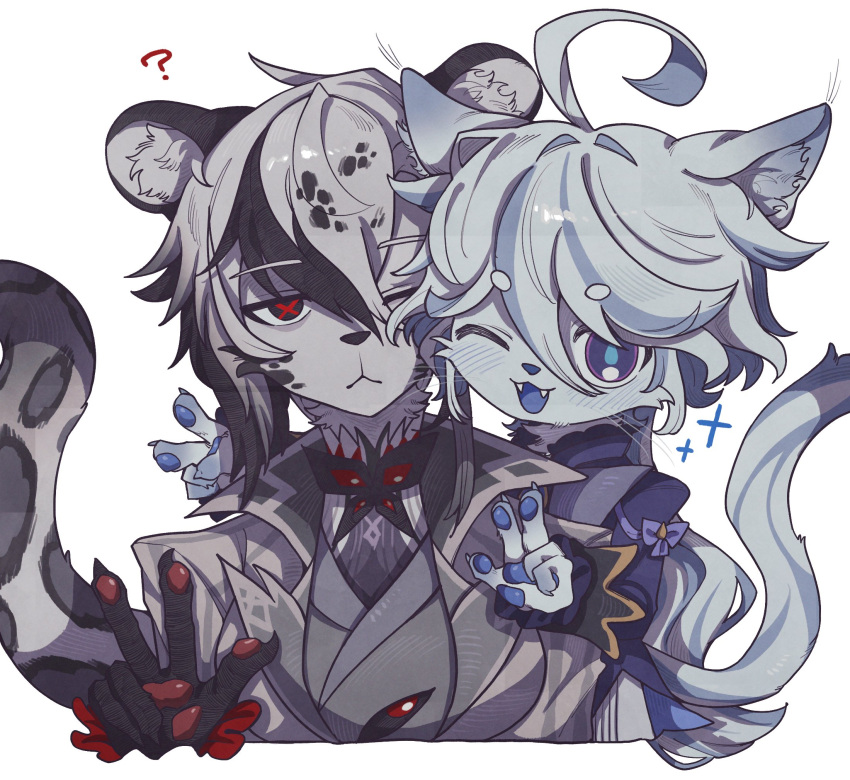 2girls, ?, ahoge, animal_ear_fluff, animal_ears, animal_nose, arlecchino_(genshin_impact), arm_around_back