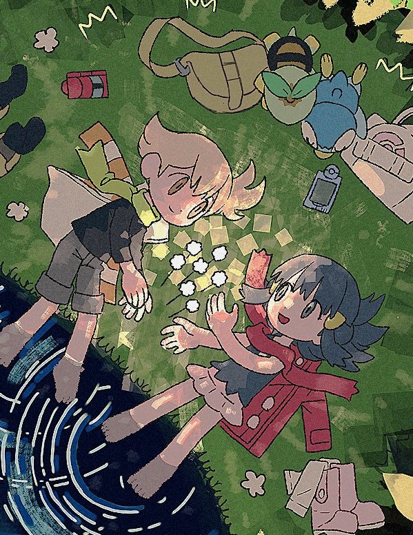 1boy, 1girl, barefoot, barry_(pokemon), beanie, black_hair, black_shirt, black_vest