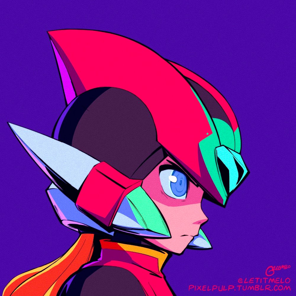 1boy, blonde_hair, blue_eyes, close-up, from_side, helmet, letitmelo, long_hair, male_focus, mega_man_(series), mega_man_zero_(series), profile, purple_background, red_helmet, simple_background, solo, twitter_username, web_address, zero(z)_(mega_man), zero_(mega_man)