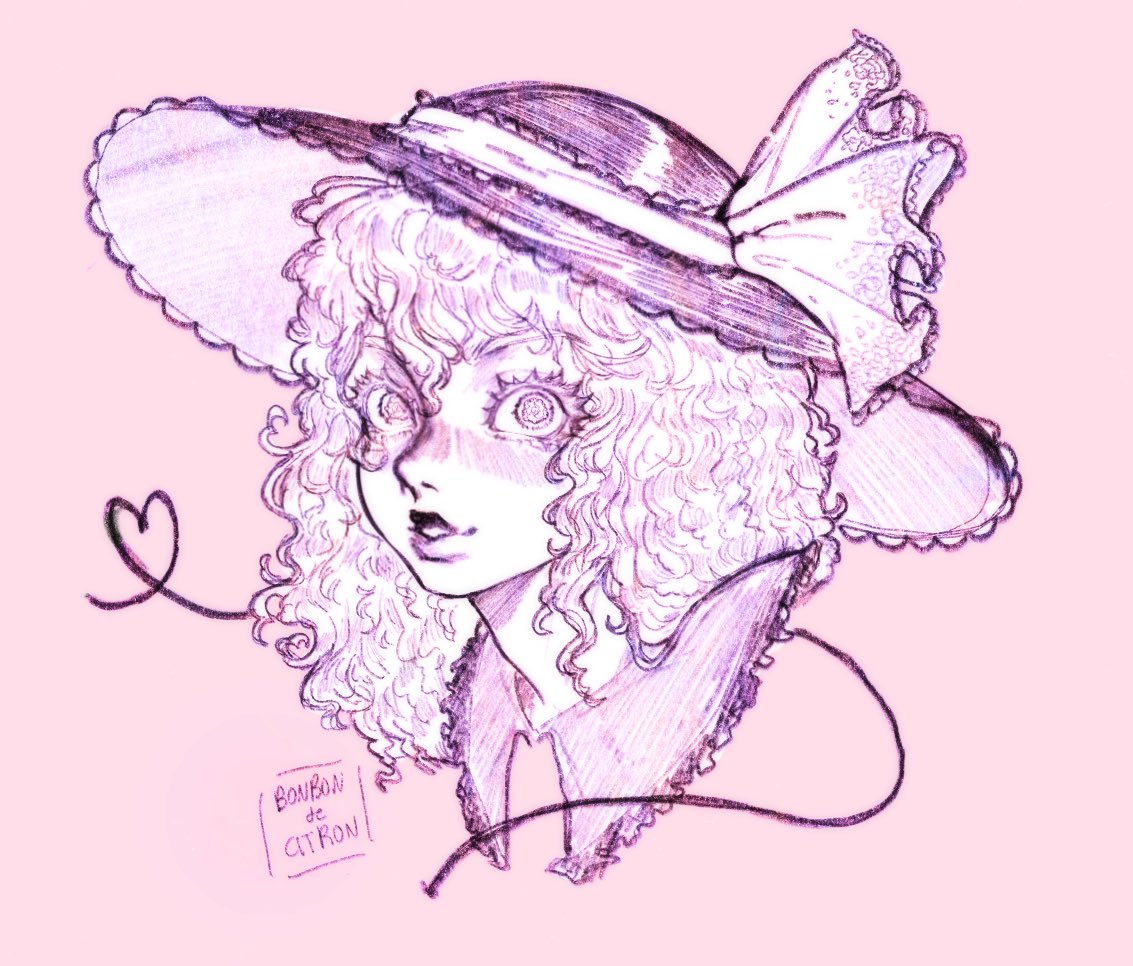 1girl, black_hat, bonbondecitron, curly_hair, hat, heart, komeiji_koishi, limited_palette, long_hair, looking_at_viewer, parted_lips, pink_background, pink_theme, portrait, simple_background, solo, touhou