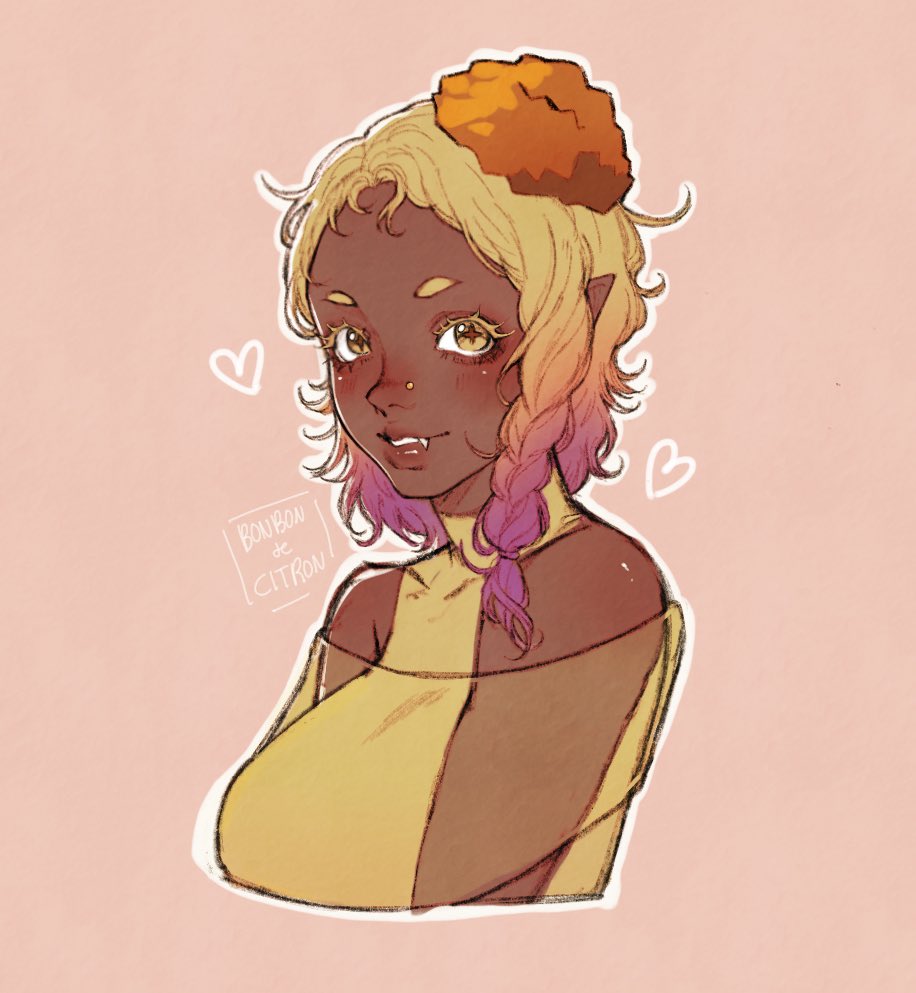 +_+, 1girl, artist_name, blonde_hair, blush, bonbondecitron, braid, breasts, cropped_torso, dark-skinned_female, dark_skin, fangs, frye_(splatoon), gradient_hair, heart, humanization, large_breasts, looking_at_viewer, medium_hair, multicolored_hair, outline, parted_lips, pink_background, purple_hair, shawl, side_braid, simple_background, solo, splatoon_(series), splatoon_3, white_outline, yellow_eyes, yellow_shawl