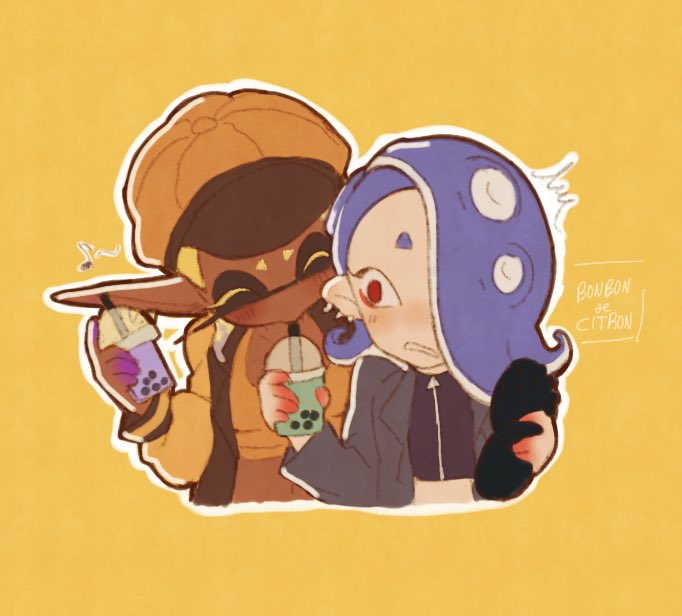 2girls, artist_name, blonde_hair, blue_hair, bonbondecitron, bubble_tea, closed_eyes, cropped_torso