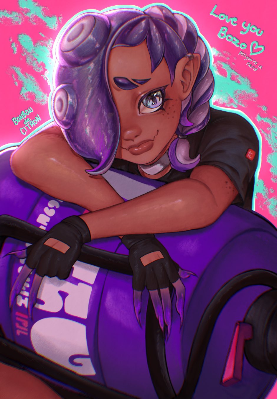 1girl, artist_name, bag, black_gloves, black_shirt, bonbondecitron, borrowed_character, dark-skinned_female