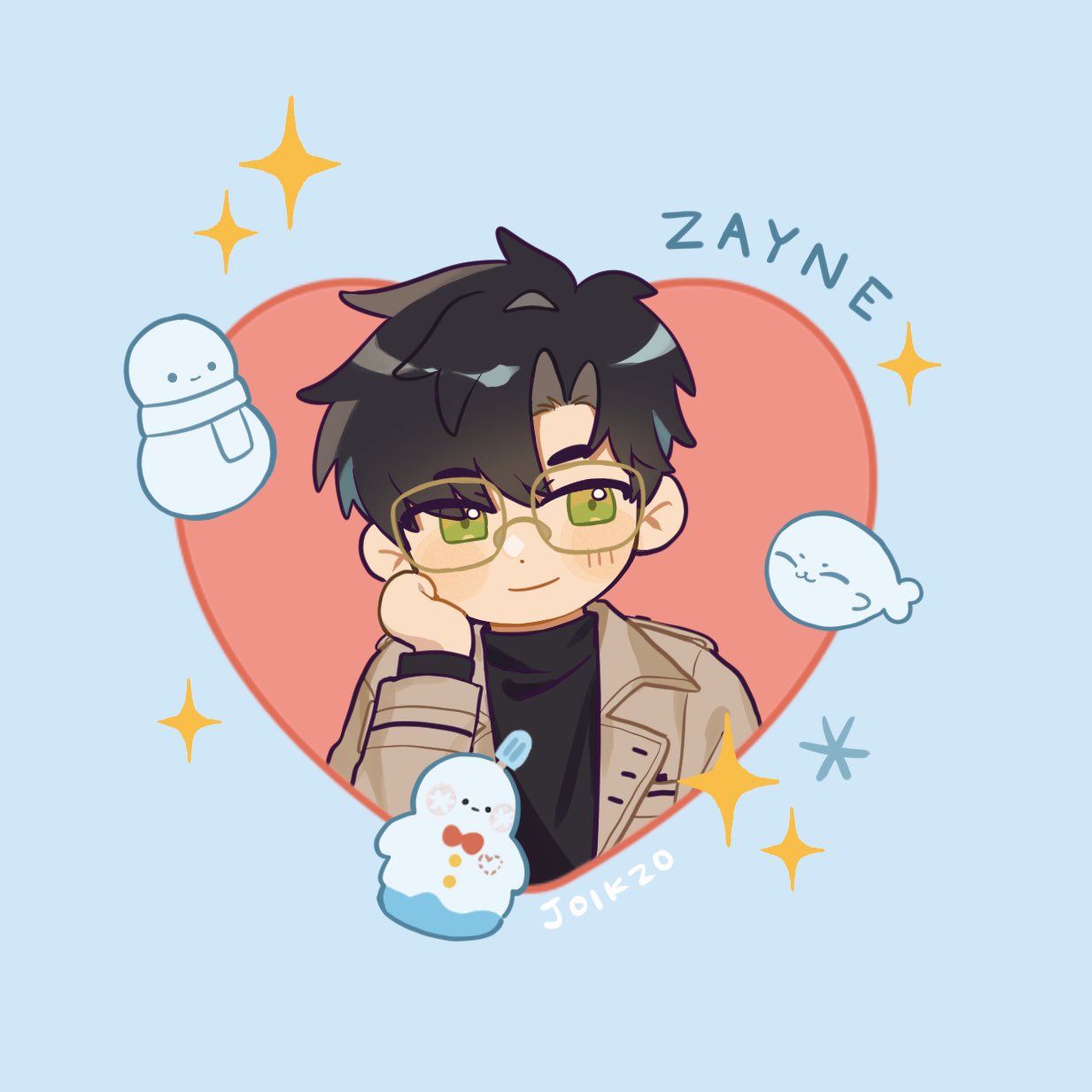 1boy, black_hair, black_shirt, brown_coat, character_name, cheek_rest, chibi, coat