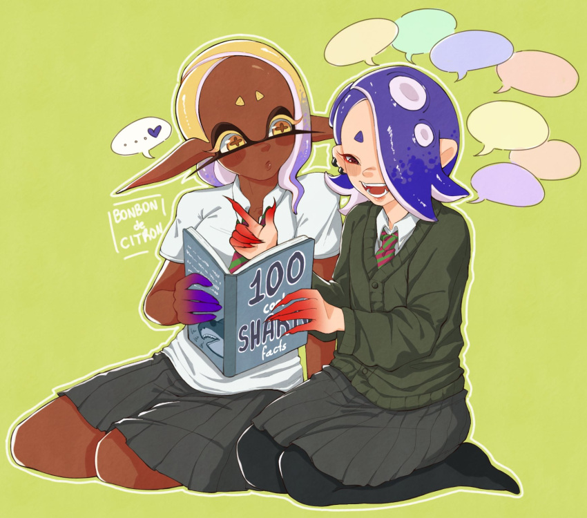 ..., 2girls, black_pantyhose, blonde_hair, blue_hair, bonbondecitron, book, cardigan