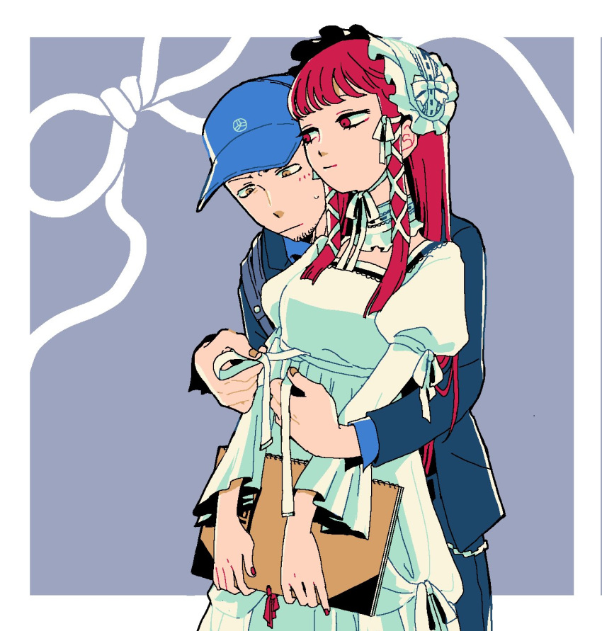 1boy, 1girl, baseball_cap, black_jacket, black_pants, blue_hat, blue_shirt, blunt_bangs