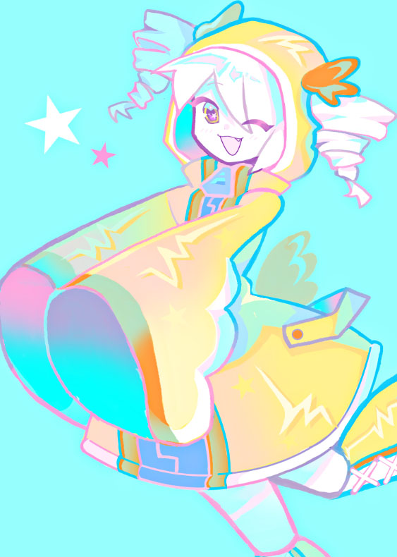 1234blue_ray, 1girl, blue_background, colored_skin, cowboy_shot, drill_hair, ducky_(phighting!), head_wings, looking_at_viewer, one_eye_closed, phighting!, raincoat, roblox, simple_background, solo, star_(symbol), twin_drills, twintails, white_hair, white_skin, wings, yellow_raincoat