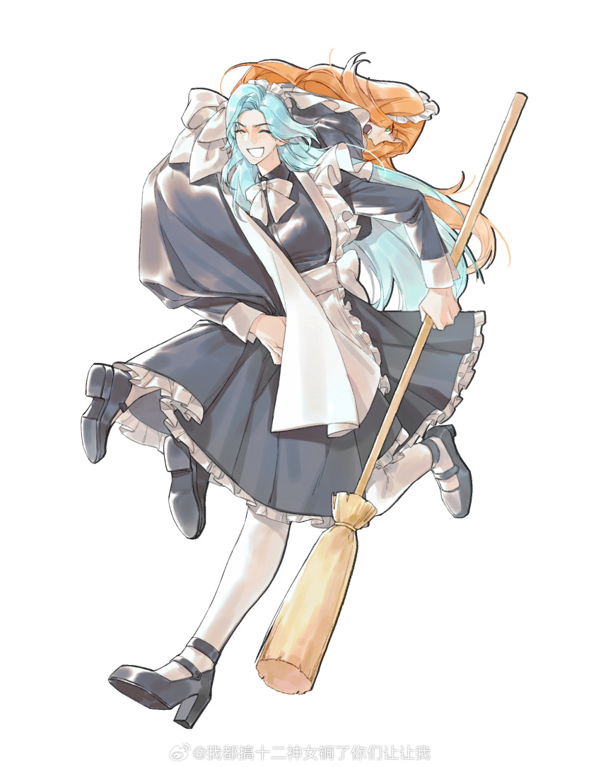 2girls, ^_^, alternate_costume, apron, back_bow, black_dress, black_footwear, blue_hair
