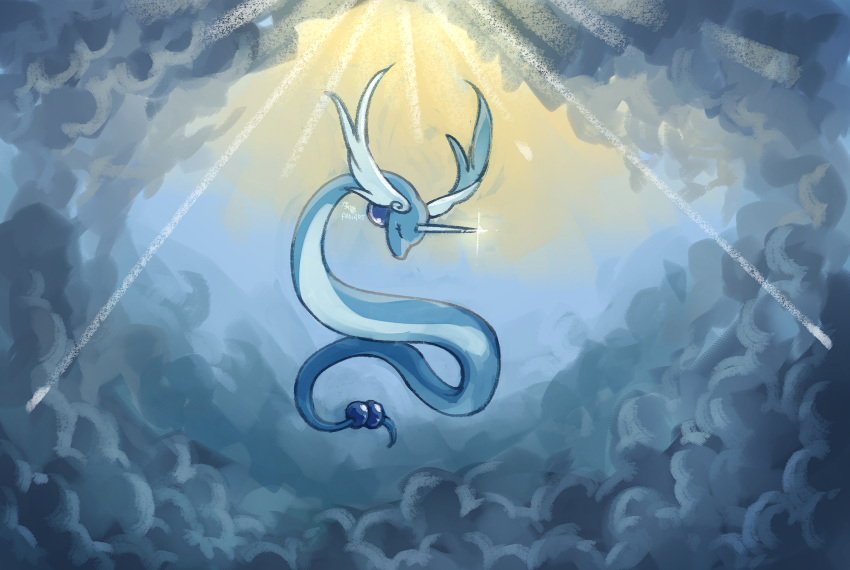 closed_eyes, commentary_request, dragonair, eyelashes, full_body, glint, head_down, highres