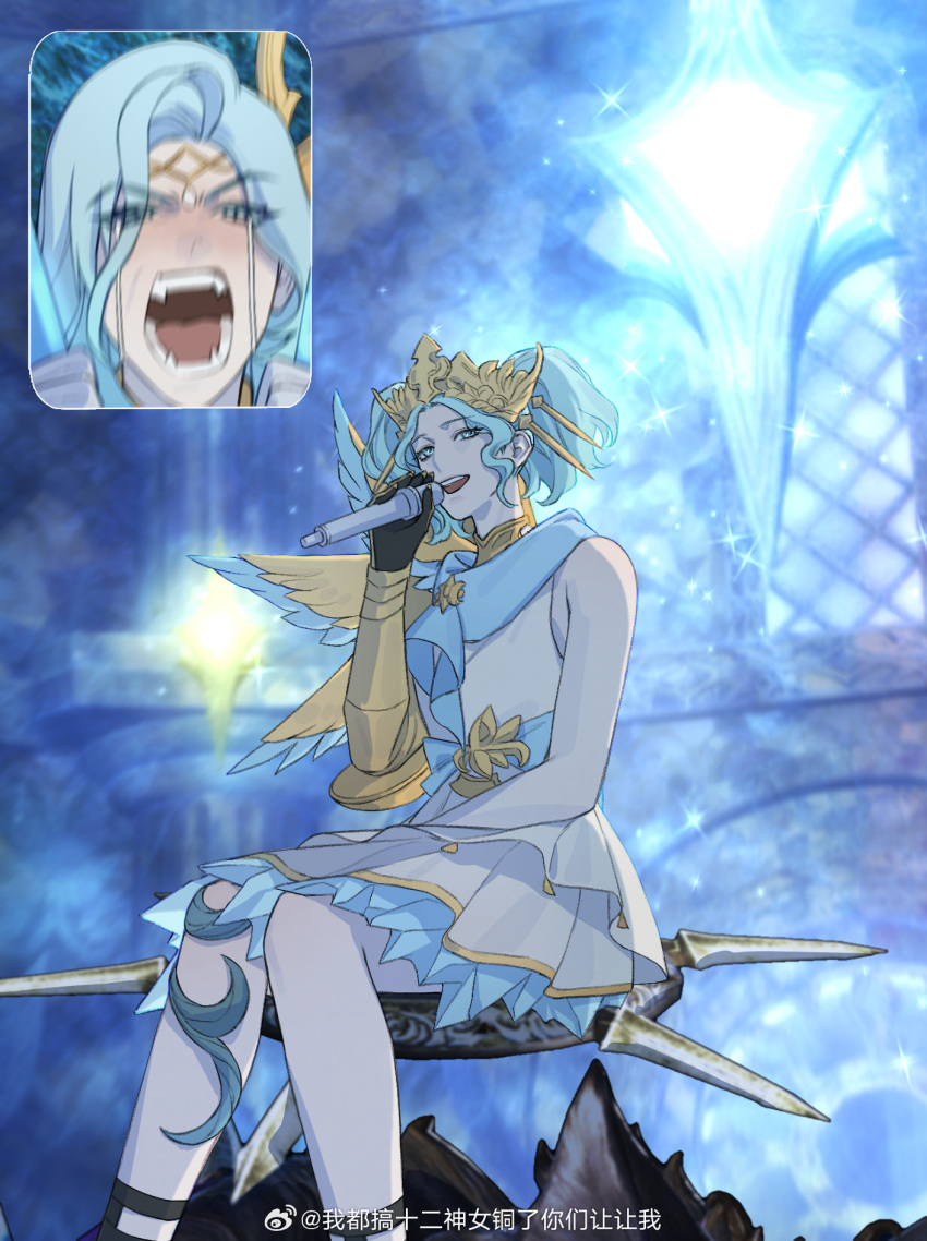 2girls, asymmetrical_wings, blue_eyes, blue_hair, blue_scarf, blurry, blurry_background, derivative_work
