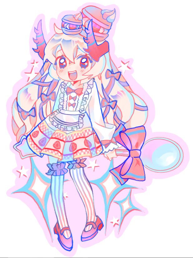 1234blue_ray, 1girl, dress, food, food_print, full_body, hair_ribbon, holding, holding_spoon, horns, long_hair, macaron, open_mouth, phighting!, pink_horns, pink_ribbon, ribbon, roblox, simple_background, smile, solo, sparkle, spoon, star_(symbol), strawberry_print, striped_clothes, striped_thighhighs, thigh-highs, very_long_hair, vinestaff_(phighting!), white_background, white_dress, white_hair
