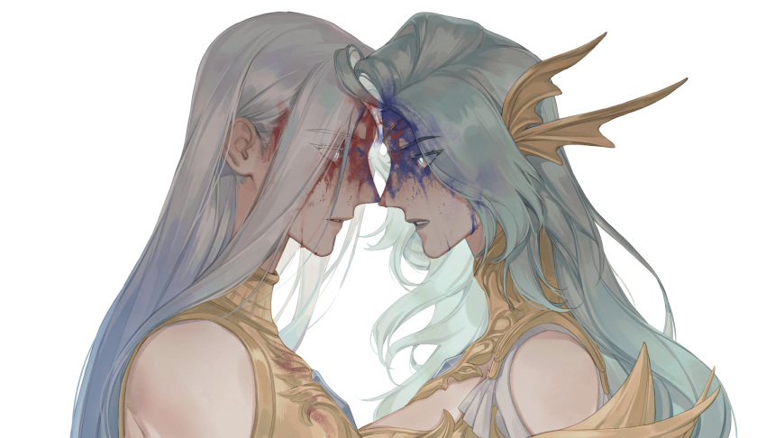 2girls, blood, blood_on_face, blue_blood, blue_eyes, blue_hair, chinese_commentary, circlet