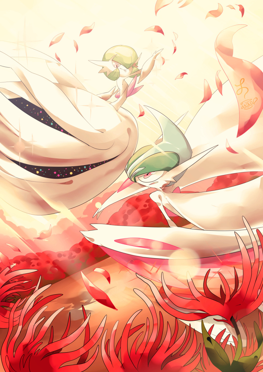arm_blade, bob_cut, cape, colored_skin, dress, elbow_gloves, falling_petals, flower