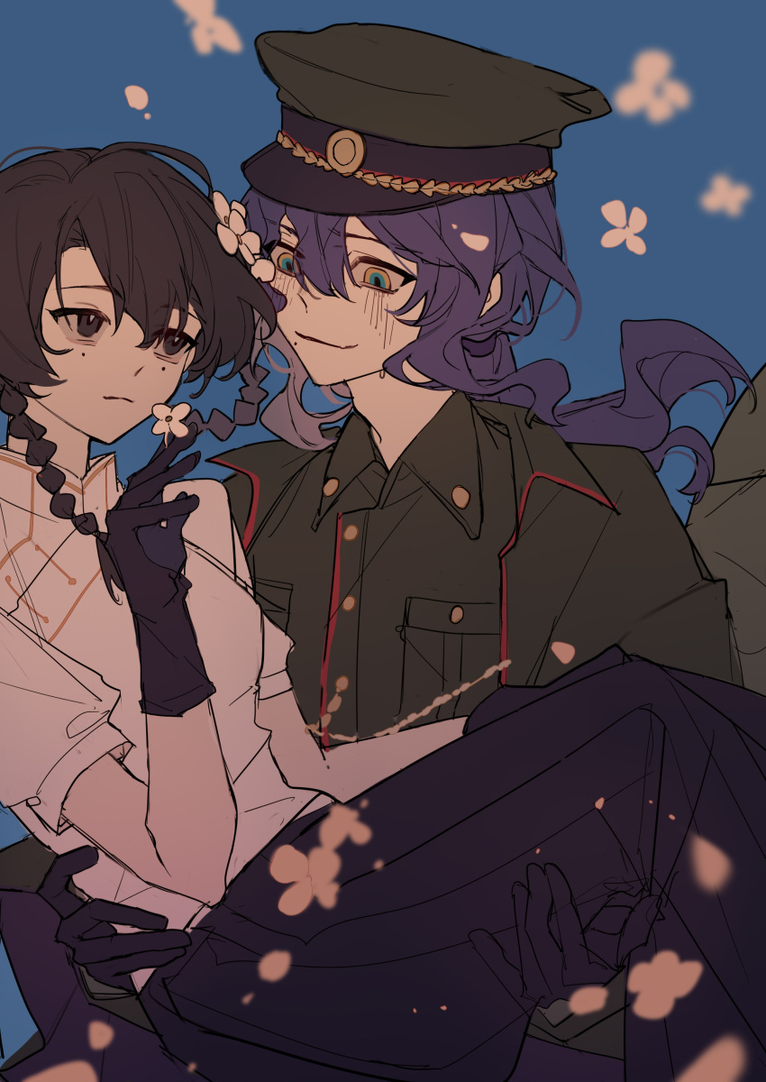 1boy, 1girl, absurdres, artist_request, black_eyes, black_gloves, black_hair, black_skirt