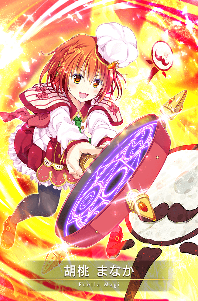 1girl, anthony_(madoka_magica), apple, apron, attack, belt, belt_buckle, black_nails