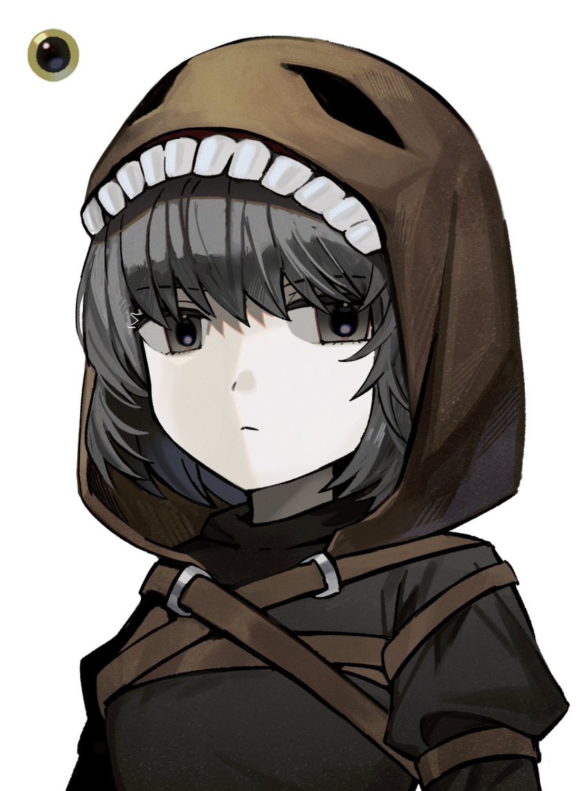 1girl, asdf1211950, black_dress, black_eyes, black_hair, black_souls, brown_hood, closed_mouth