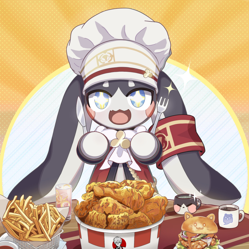 1other, basket, blue_eyes, blush_stickers, bucket, cat_burger, chain, chef_hat