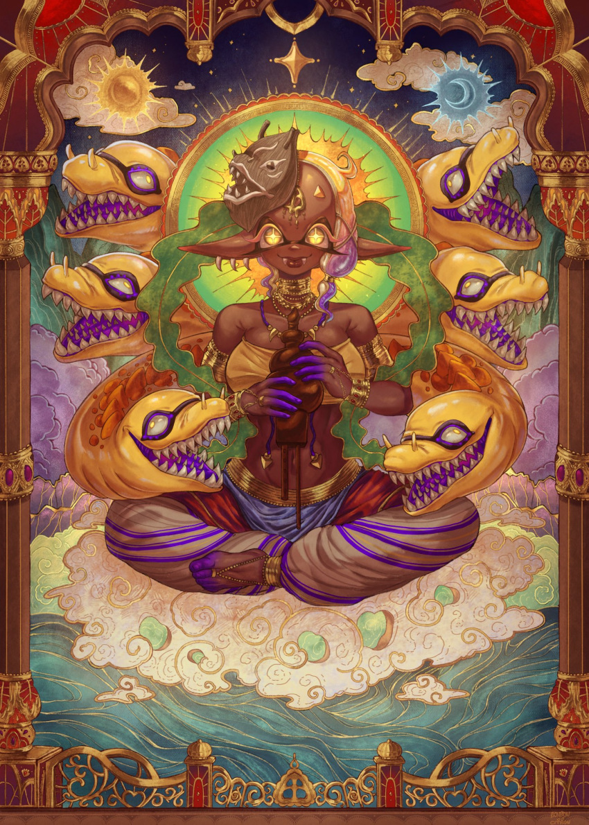 +_+, 1girl, armlet, bare_shoulders, barefoot, bonbondecitron, bracelet, clouds, crescent, domino_mask, earrings, eel, english_commentary, fangs, frye_(splatoon), harem_pants, highres, holding, jewelry, looking_at_viewer, mask, midriff, moon, navel, necklace, pants, pointy_ears, shadow, sharp_teeth, sitting, smile, splatoon_(series), splatoon_3, sun, teeth, tentacle_hair, tooth_earrings, yellow_eyes