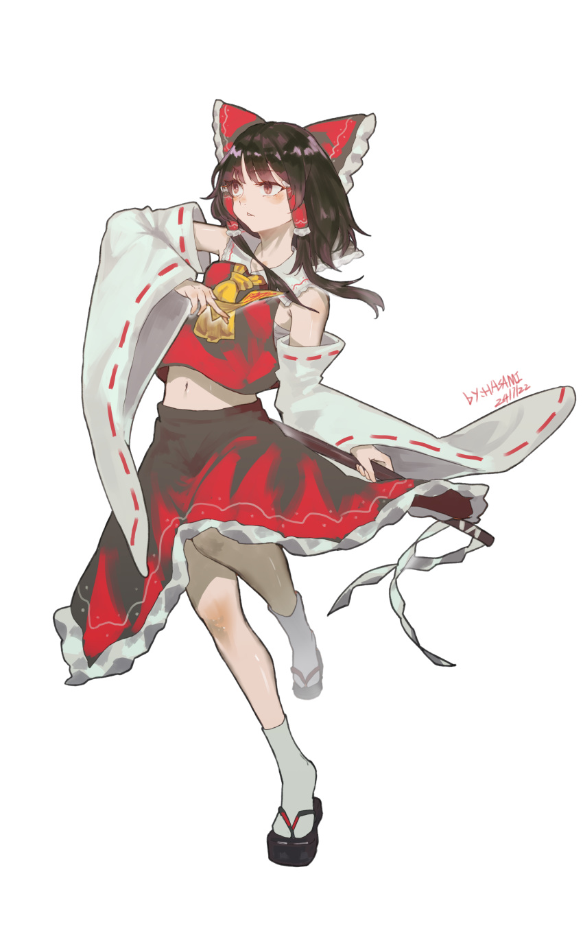 1girl, absurdres, ascot, black_footwear, bow, brown_hair, chest_sarashi, commentary